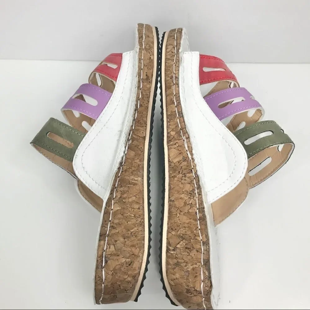 Crisp White Slide Cork Sandals with 3 Color Straps- Like New